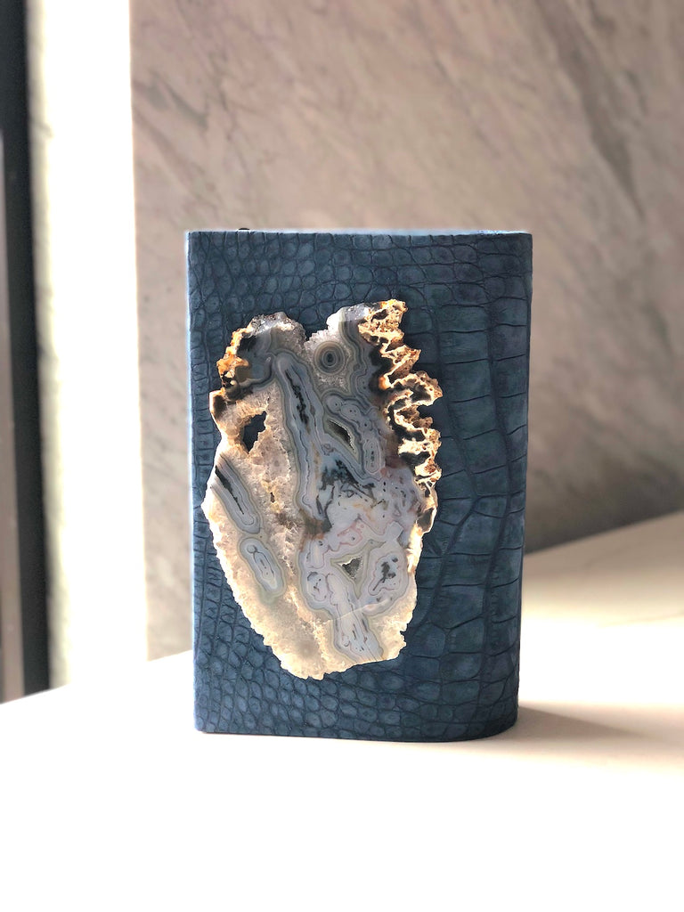 Sueded Denim Alligator and Agate Folio